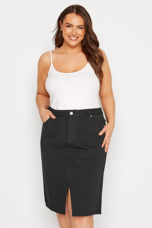 Großen Größen  Curve Black Denim Stretch Midi Skirt Size 16-32