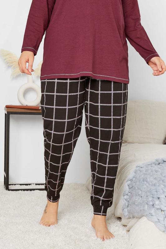 Curve Plus-Size Black & Pink Check Cuffed Pyjama Bottoms | Yours Clothing 3