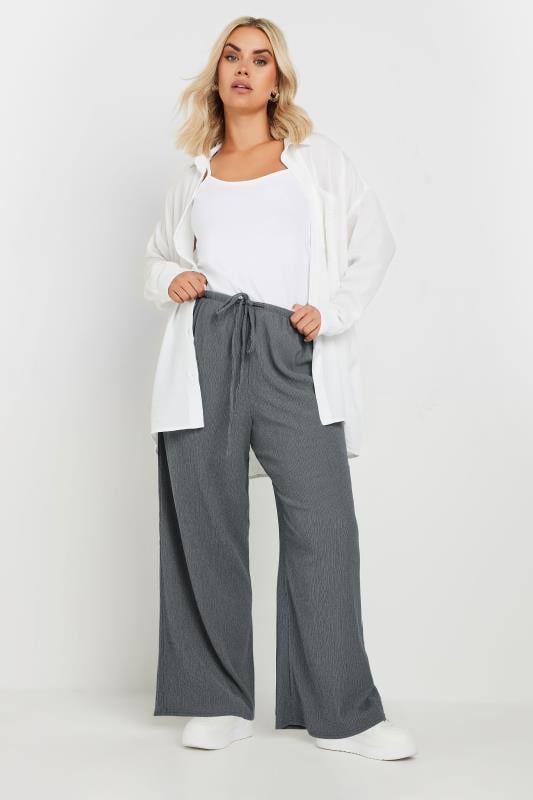 YOURS Plus Size Grey Textured Wide Leg Trousers | Yours Clothing 2