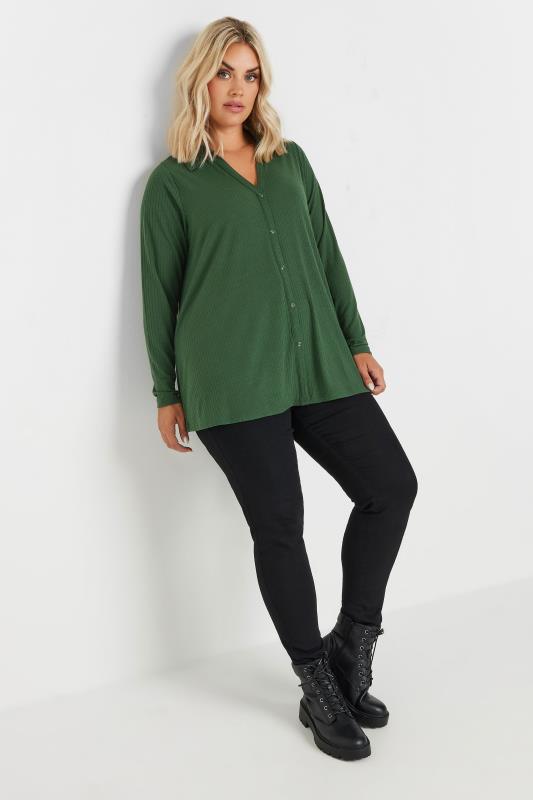 YOURS Plus Size Forest Green Ribbed Collared Top | Yours Clothing  2