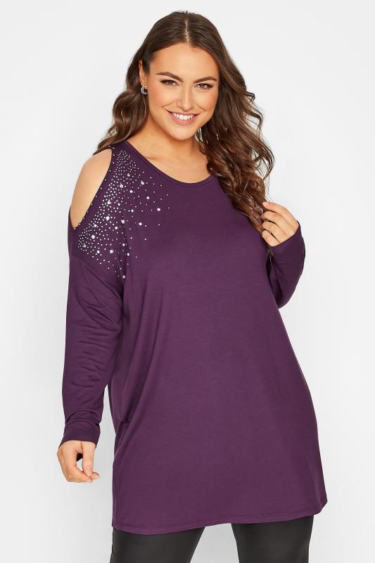 Plus Size Purple Cold Shoulder Embellished Tunic Top | Yours Clothing 1