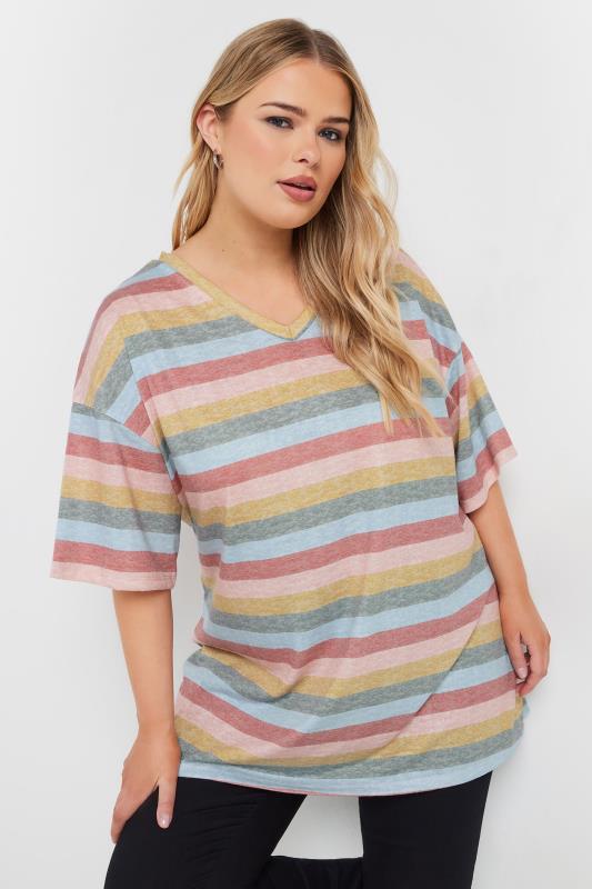 YOURS Plus Size Pink Striped V-Neck T-Shirt | Yours Clothing 1