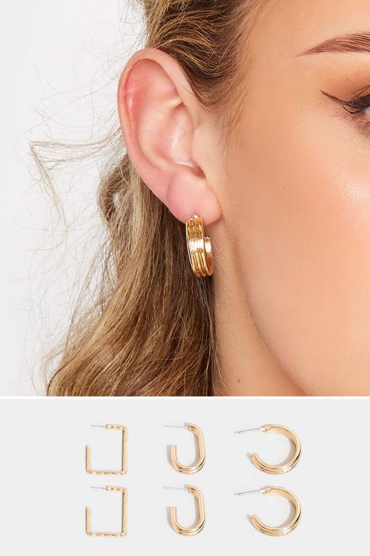 3 PACK  Gold Tone Textured Geometric Hoop Earrings | Yours Clothing 1