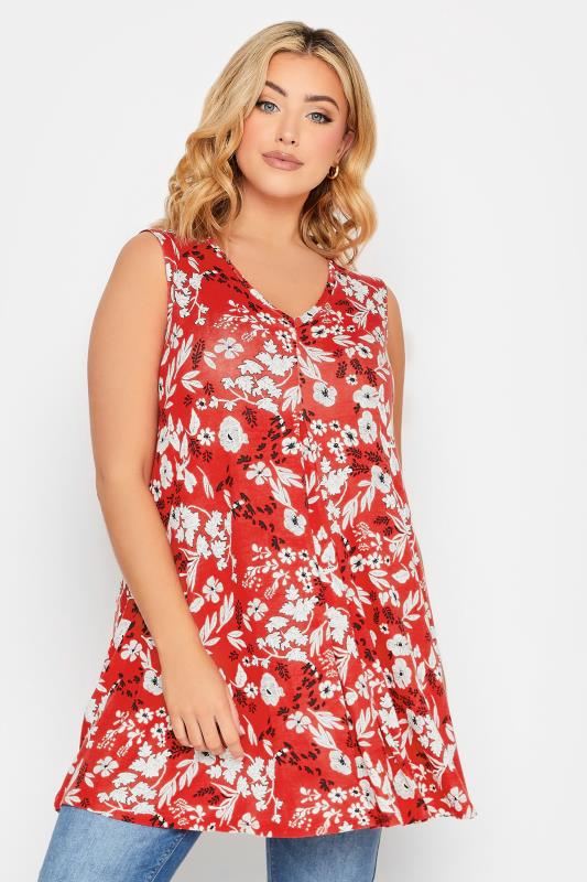 YOURS Plus Size Red Floral Pleat Front Vest Top | Yours Clothing 1