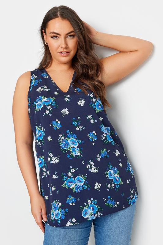 YOURS Plus Size Navy Blue Floral Print Vest Top | Yours Clothing 1