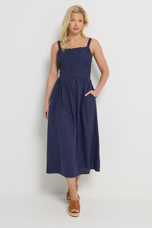 M&Co Navy Blue Linen Embroidered Trim Maxi Dress | M&Co 2