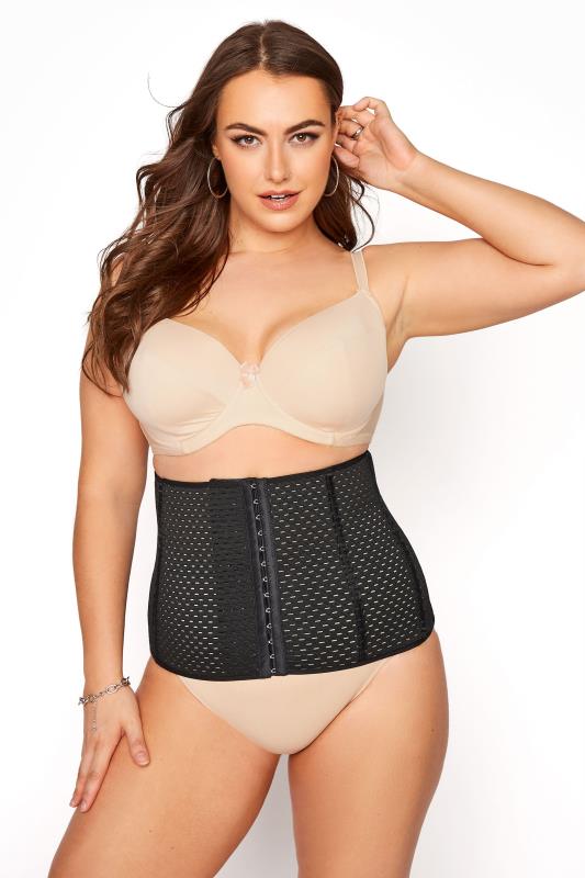  Grande Taille Curve Black Textured Mesh Hook & Eye Control Belly Band
