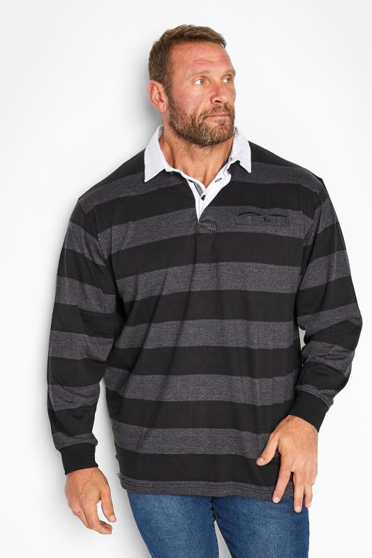 Men's  KAM Big & Tall Black Stripe Long Sleeve Rugby Polo Shirt