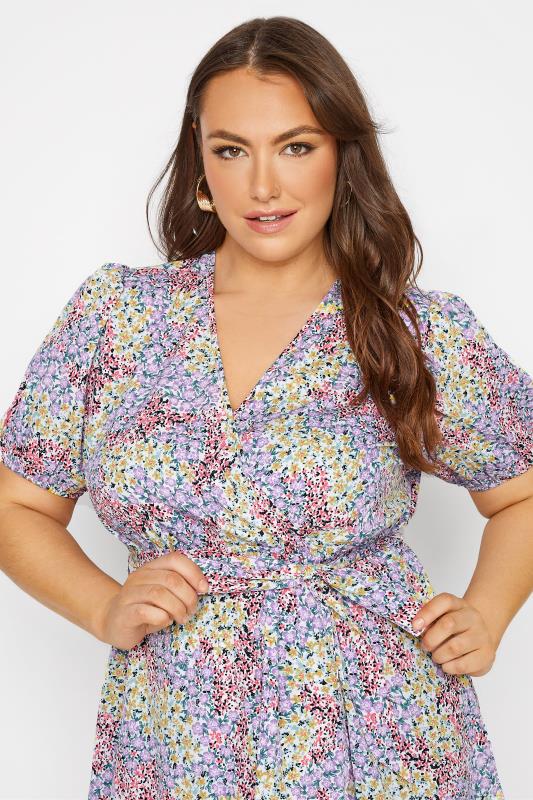 Plus Size Lilac Purple Ditsy Print Wrap Top | Yours Clothing  4