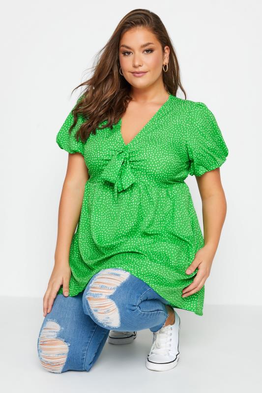 Curve Green Spot Print Tie Front Tunic Top 4