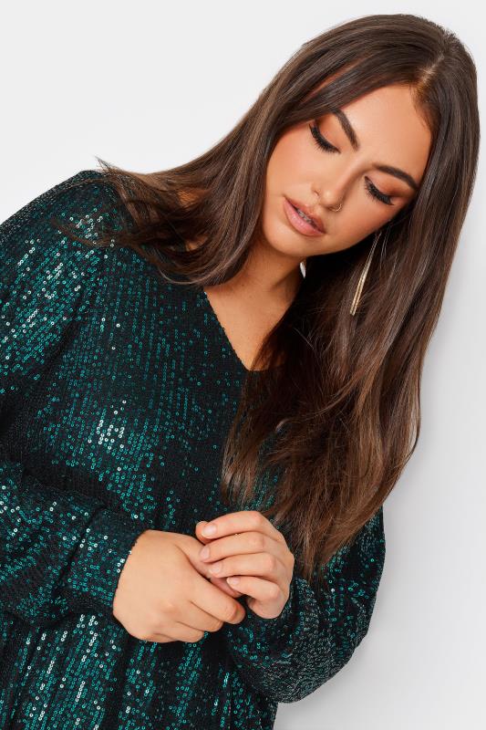 YOURS LONDON Plus Size Dark Green Sequin Embellished Long Sleeve Top | Yours Clothing 4