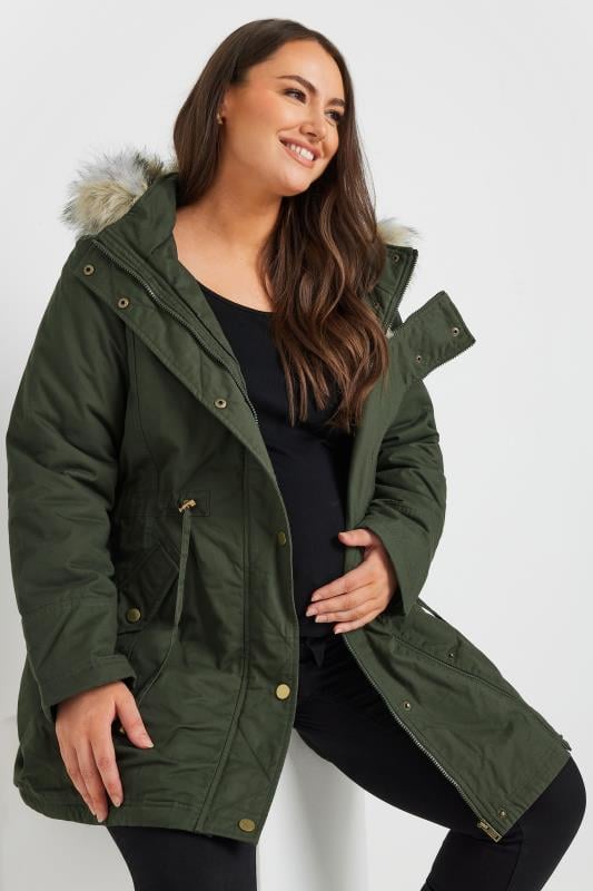 BUMP IT UP MATERNITY Khaki Green Fur Trim Parka | Yours Clothing 2