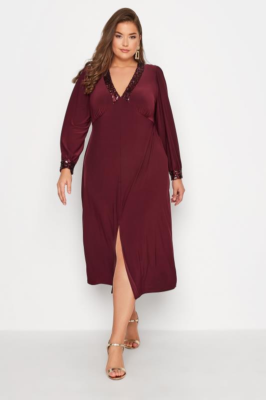 YOURS LONDON Plus Size Plum Purple Sequin Split Front Dress | Yours Clothing 2