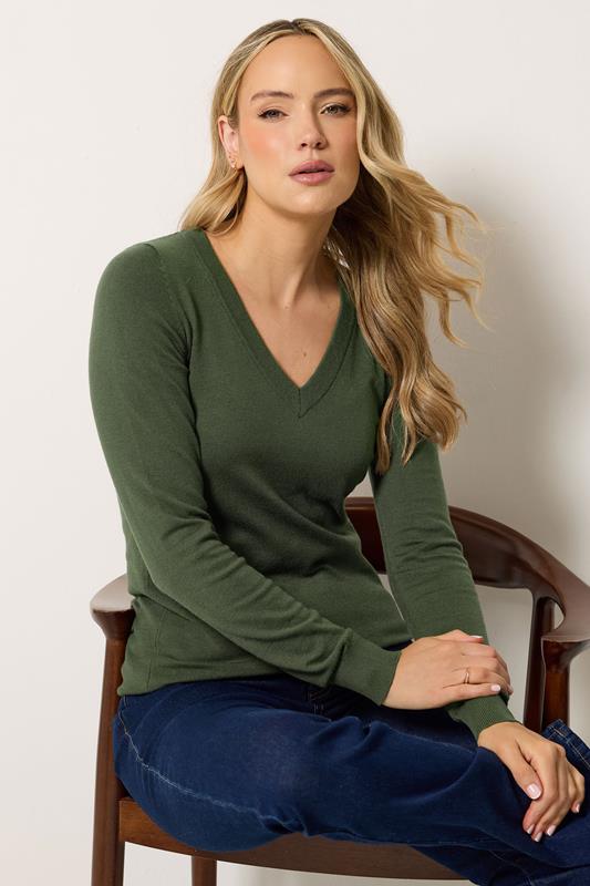 LTS Tall Olive Green Knit V-Neck Jumper | Long Tall Sally 1