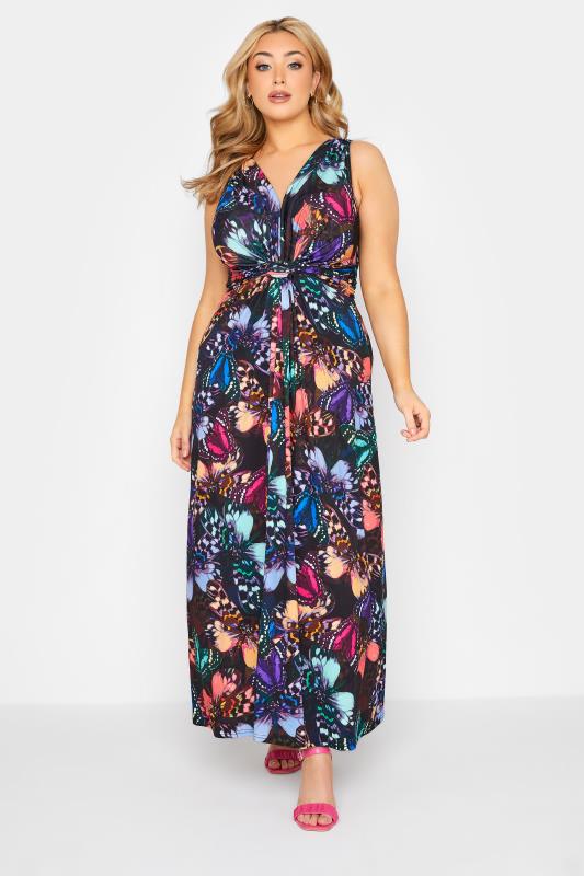 YOURS LONDON Curve Black Butterfly Print Knot Front Maxi Dress_A.jpg