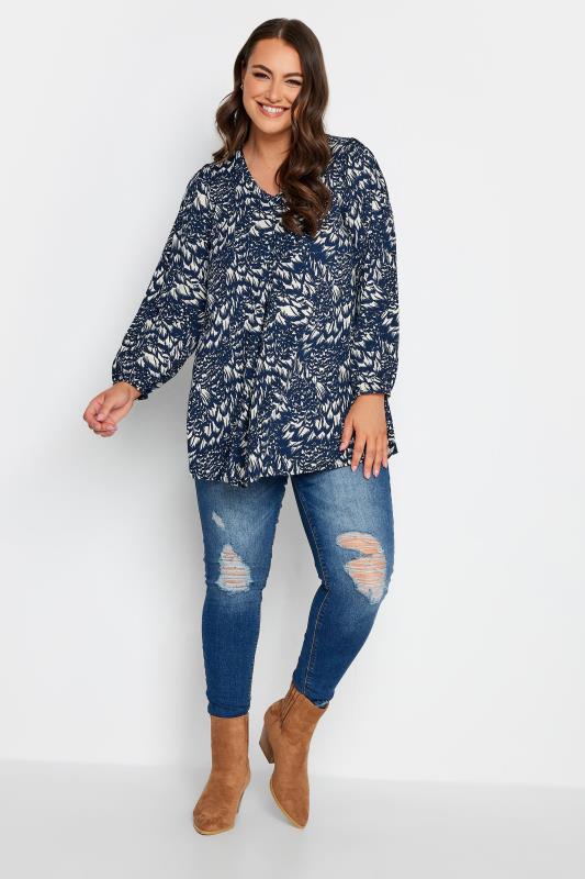 YOURS Plus Size Navy Blue Floral Print Balloon Sleeve Top | Yours Clothing 2