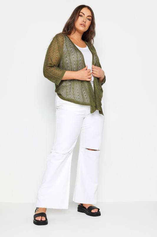 YOURS Plus Size Green Pointelle Waterfall Cardigan | Yours Clothing 2