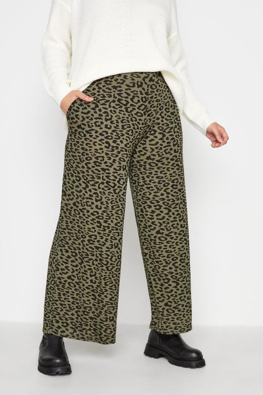 Plus Size  Khaki Green Leopard Print Wide Leg Trousers