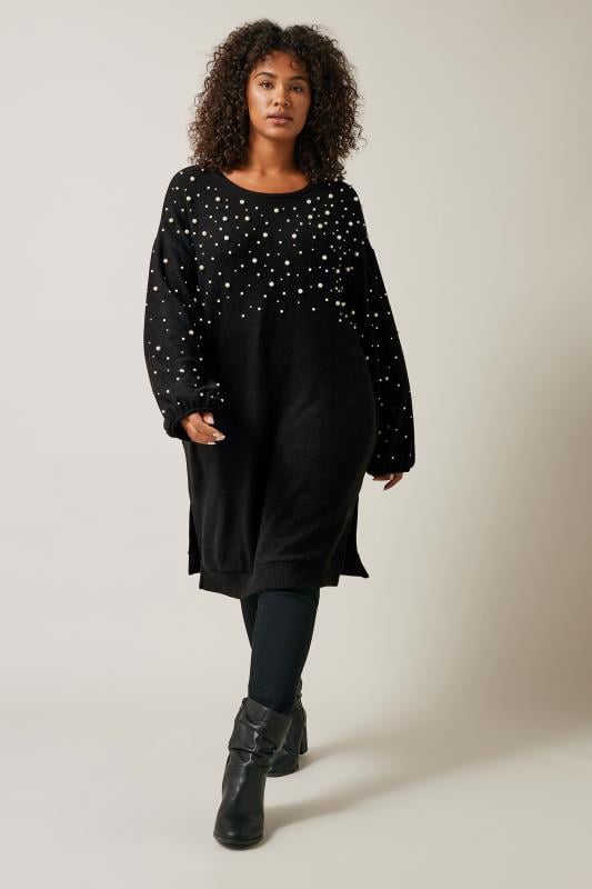 EVANS Plus Size Black Pearl Embellished Soft Touch Jumper Dress | Evans 1