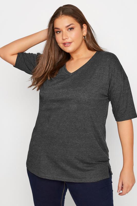 Plus Size  Curve Grey V-Neck T-Shirt