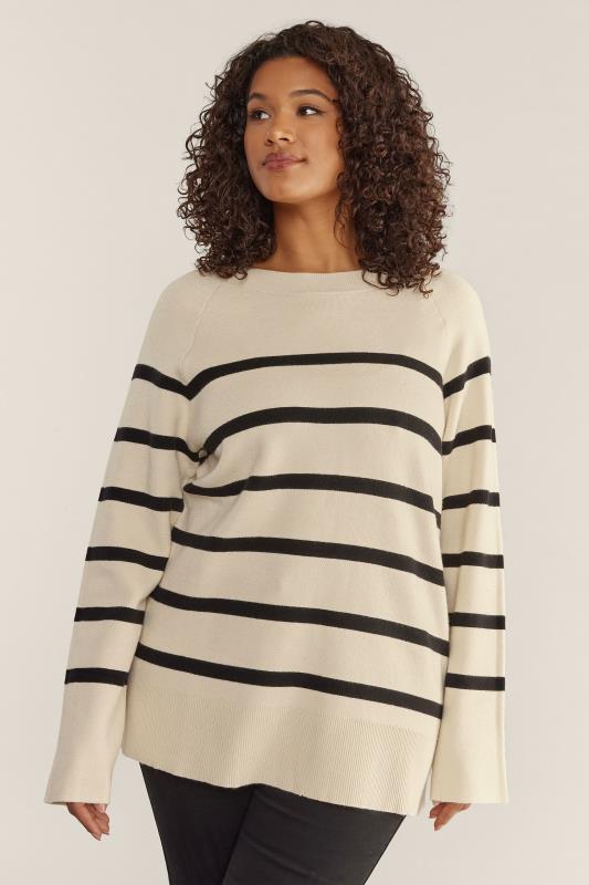 Plus Size  EVANS Curve Ivory White & Black Striped Knitted Jumper