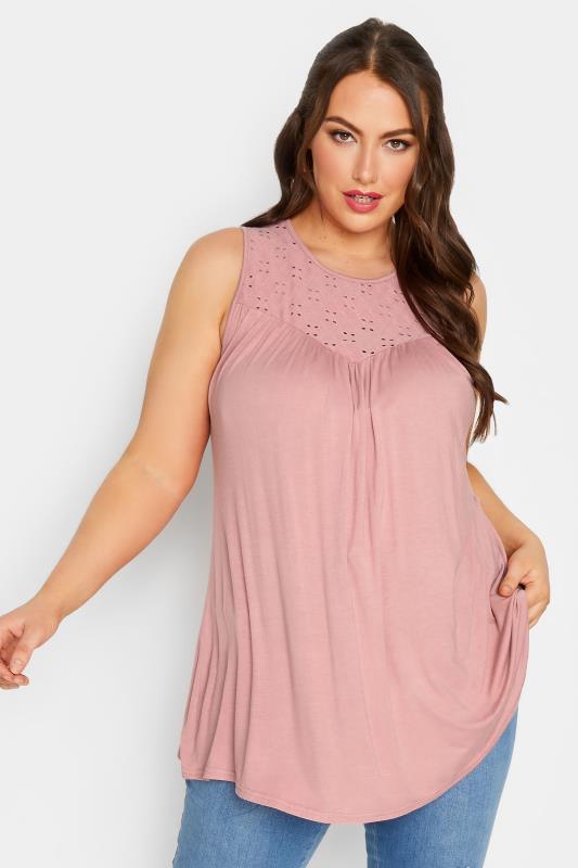LIMITED COLLECTION Plus Size Pink Broderie Anglaise Insert Vest Top | Yours Clothing 1