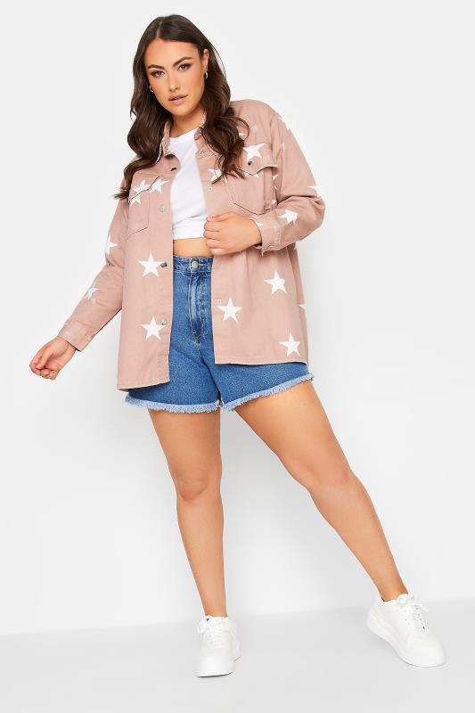 Plus Size Pink Star Print Western Style Distressed Denim Jacket  | Yours Clothing 3