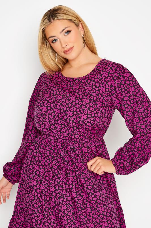 Plus Size Pink Floral Long Sleeve Midi Dress | Yours Clothing 4