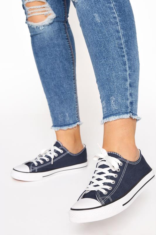 Plus Size  Navy Blue Low Canvas Trainer In Wide E Fit