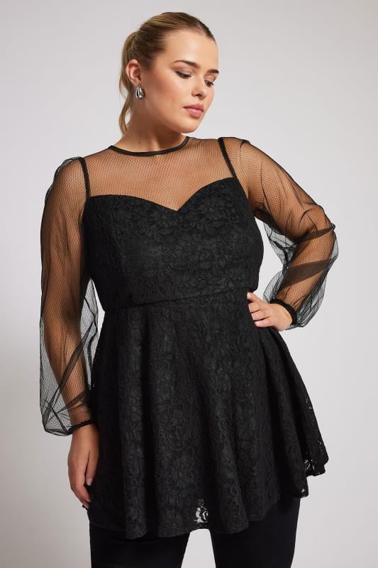 YOURS LONDON Plus Size Black Peplum Lace Top | Yours Clothing 1