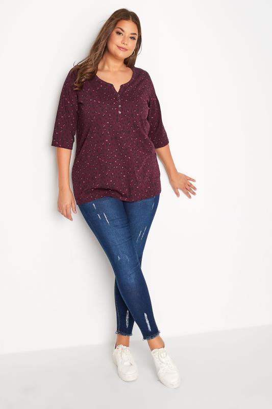 Plus Size Berry Red Leopard Print V-Neck Top | Yours Clothing 2