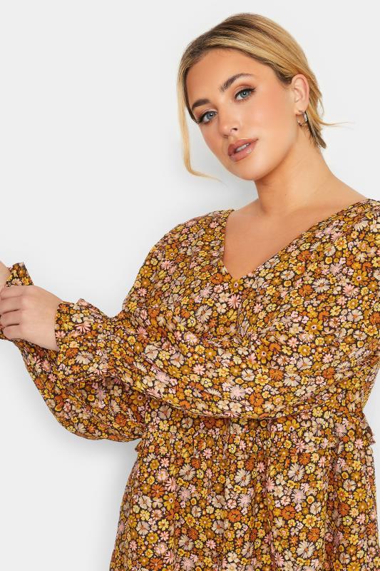 Curve Plus Size Yellow Floral Peplum V-Neck Swing Top | Yours Clothing 4