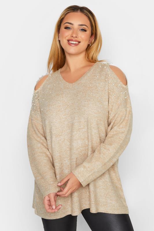 Curve Plus Size Beige Pearl Embellished Cut Out Shoulder Soft Touch Top | Yours Clothing  2