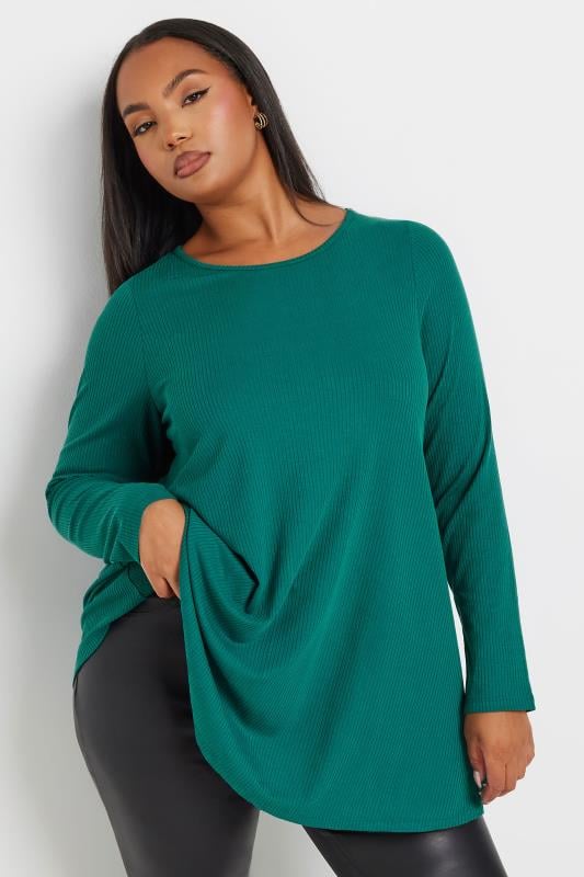  Tallas Grandes YOURS Curve Teal Green Side Split Ribbed T-Shirt