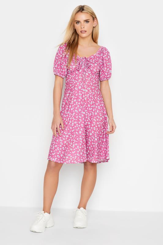 Petite Pink Daisy Print Ruched Front Dress | PixieGirl 2
