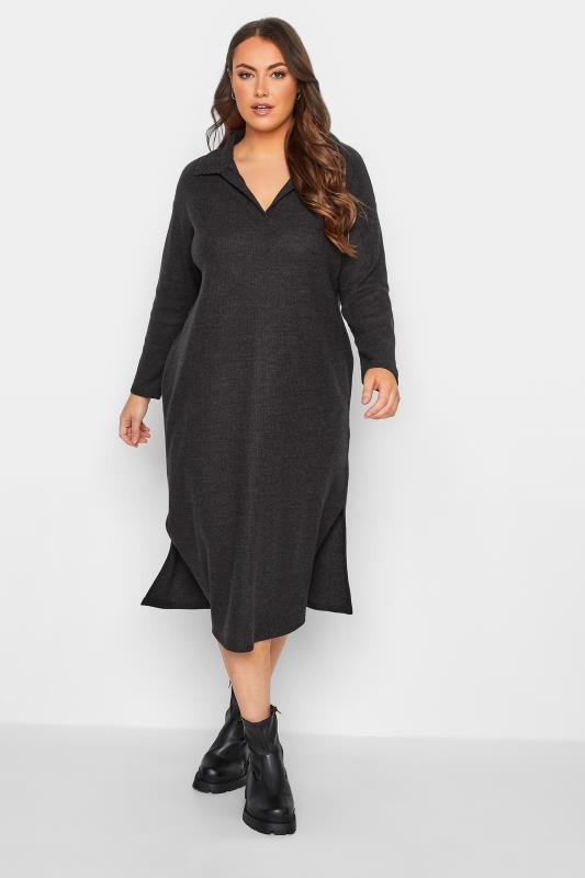 Plus Size Charcoal Grey Soft Touch Open Collar Midi Dress | Yours Clothing  5