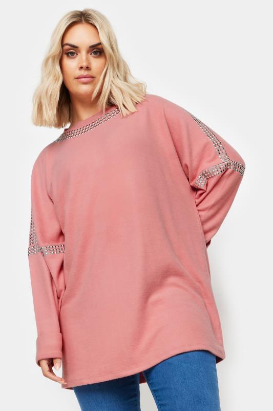 YOURS Curve Pink Stud Neckline Embellished Jumper | Yours Clothing  1