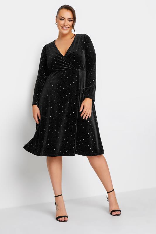YOURS LONDON Plus Size Black Stud Velvet Wrap Dress | Yours Clothing 2