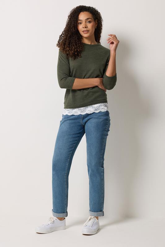 M&Co Khaki Green Lace Hem Top | M&Co 1