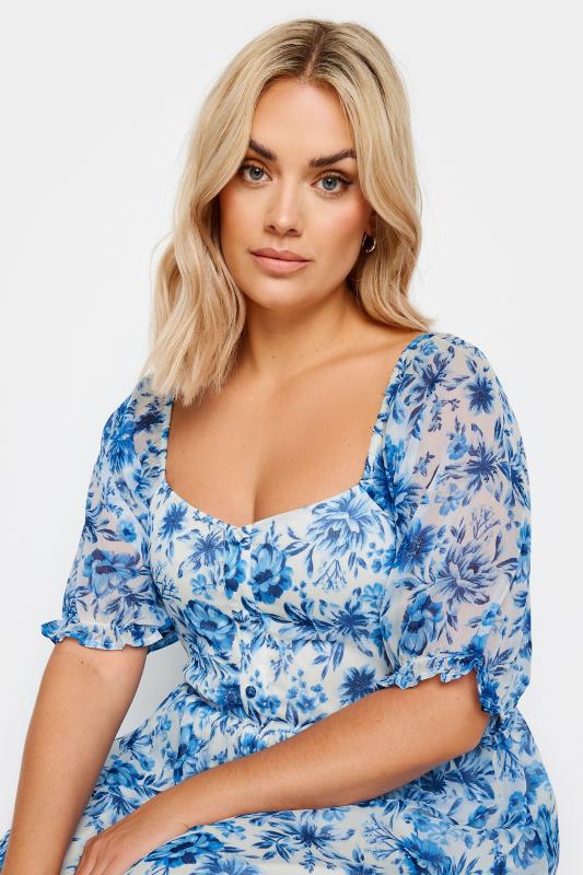 LIMITED COLLECTION Plus Size Blue Floral Print Dipped Hem Midi Dress | Yours Clothing 8