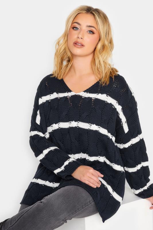 YOURS Plus Size Navy Blue Stripe V-Neck Cable Knit Jumper | Yours Clothing 4