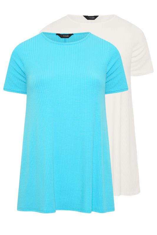 2 PACK Plus Size White & Turquoise Blue Ribbed Swing T-Shirts | Yours Clothing 6