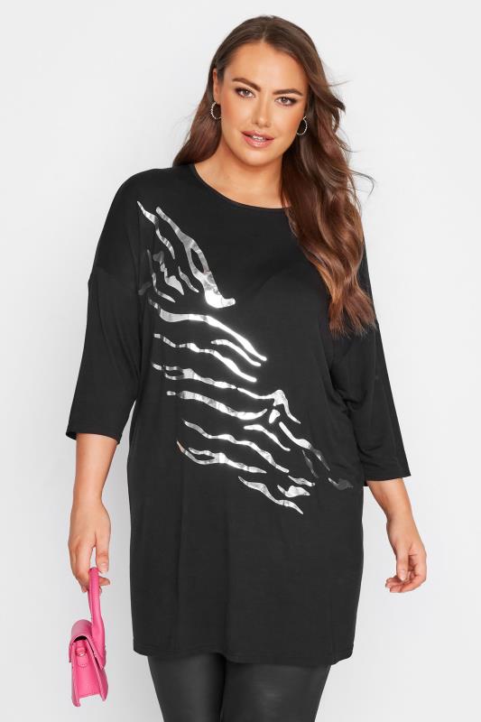 Plus Size Black Foil Tiger Print Oversized T-Shirt | Yours Clothing 1