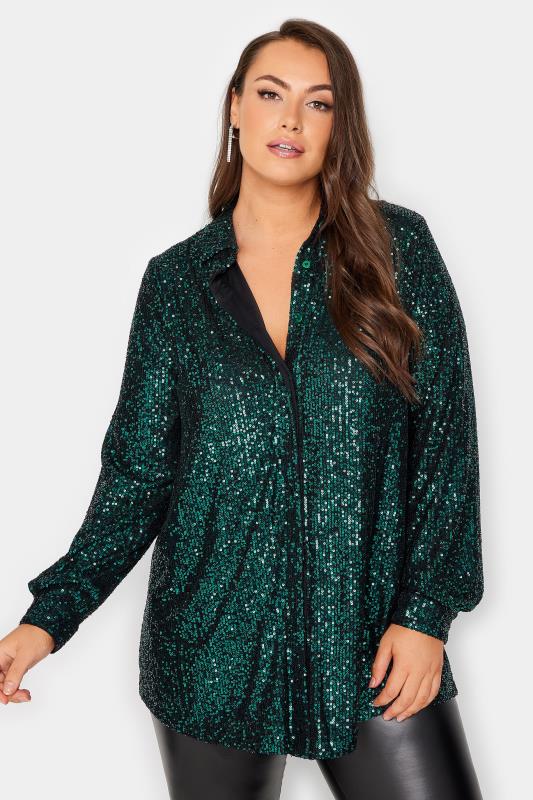 YOURS LONDON Plus Size Dark Green Sequin Embellished Shirt | Yours Clothing 1