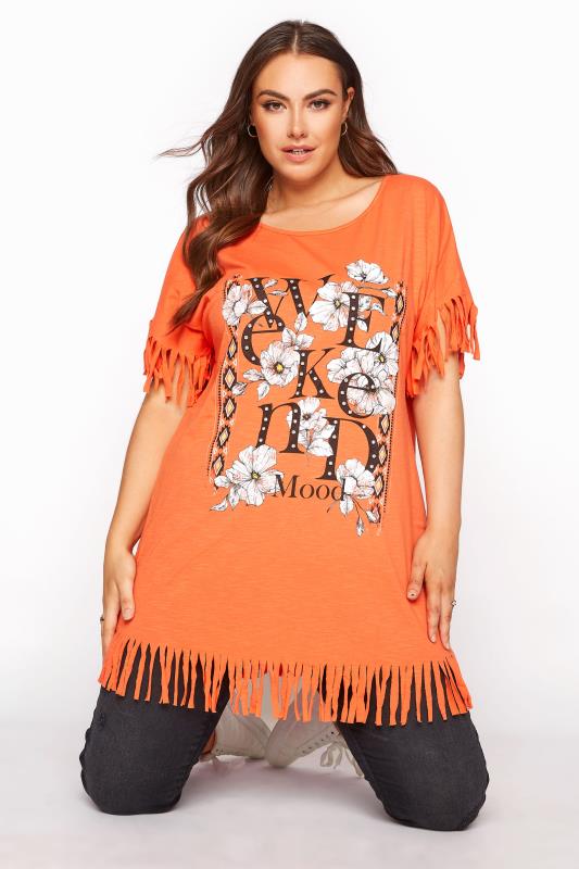  Grande Taille Curve Orange 'Weekend Mood' Slogan Fringe T-Shirt