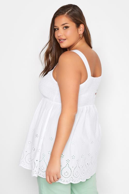 Plus Size White Shirred Broderie Anglaise Vest Top | Yours Clothing 3