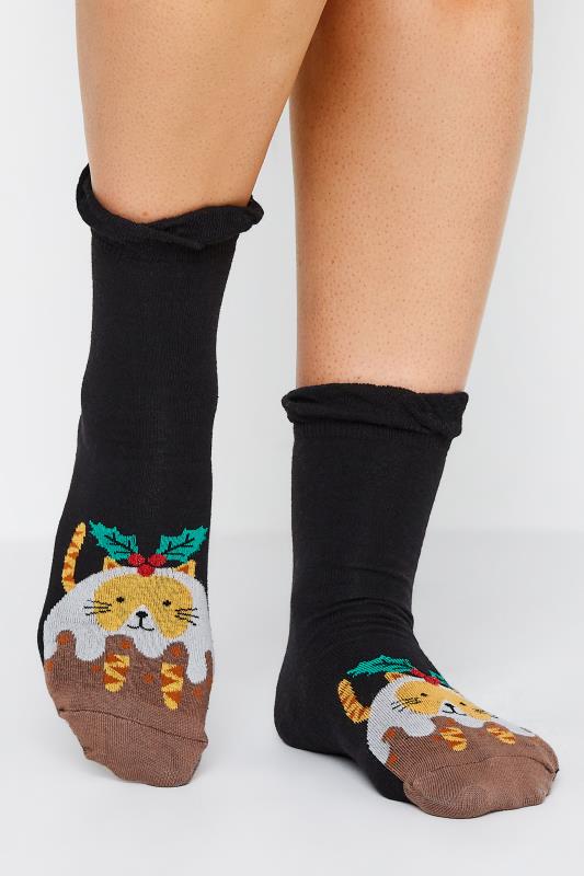 4 PACK Black Christmas Pudding Print Socks | Yours Clothing 2