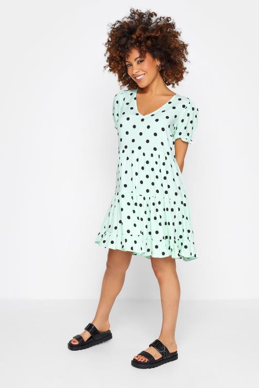 Petite Mint Green Spot Print Tiered Tunic Dress | PixieGirl 2