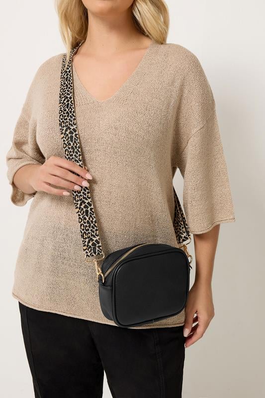 Black Faux Leather Leopard Strap Shoulder Bag | Yours Clothing 1
