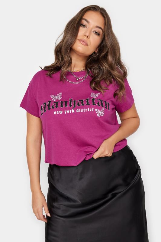 YOURS Plus Size Pink 'Manhattan' Butterfly Print T-Shirt | Yours Clothing 1